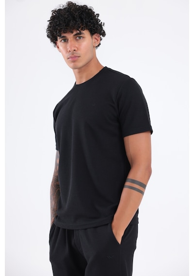 Rowinger Waffle Dokulu Nakış Logo Detaylı Oversize Erkek T-shirt Siyah