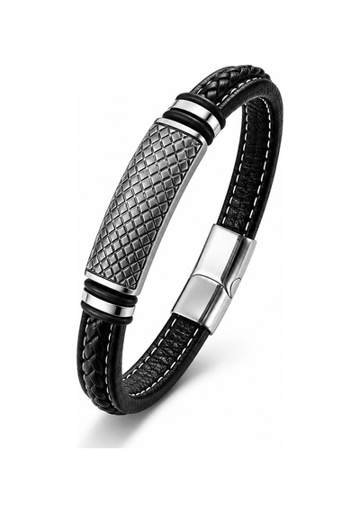 Premium Diamond Grid Desenli Çelik Kilitli Siyah Deri Erkek Bileklik 31831b8d5 - 20 Cm Siyah - Gümüş