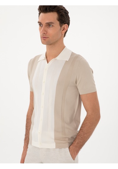 Cacharel Bej Slim Fit Düğmeli Kısa Kollu Triko Hırka
