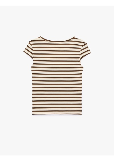 Koton Slim Fit U Yaka Kısa Kollu Çizgili Tişört Kahverengi Çizgili 6sak50460ek