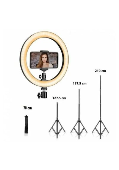 3 Renkli Led Ring Light 26 Cm 10 İnç Bluetooth Kumandalı 2.1m Tripot Youtube Tiktok Make Up Çekim Işığı Siyah