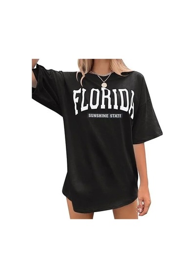 Kadın Kısa Kol Yazlık Tişört Bisiklet Yaka Florıda Baskılı T-shirt - Siyah