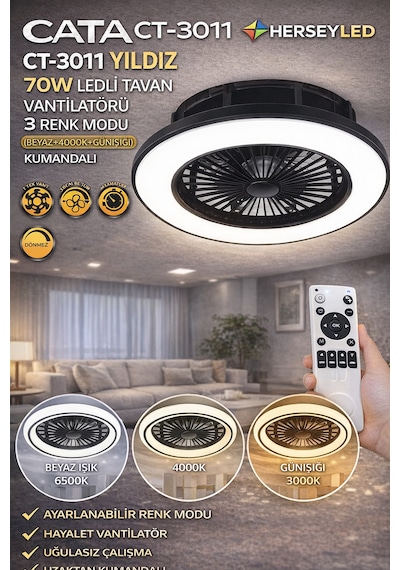 Cata Ct-3011 Yıldız Ledli Tavan Vantilatörü 3renk Modu Beyaz+4000k+günışığı Kumandalı