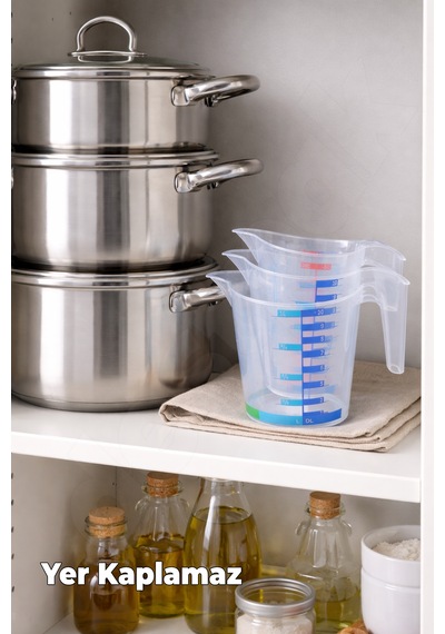 Kulplu Ölçü Kabı 3 Adet Seti - 300ml, 500ml, 1000ml - 8 Farklı Ölçü Birimli - Pastacı Şeffaf