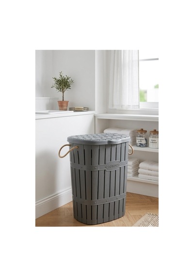 64lt+40lt Antrasit Bambu Görünümlü Halatlı Kirli Çamaşır Sepeti&temiz Çamaşır Sele 2'li Banyo Seti Gri - 833547039 Gri