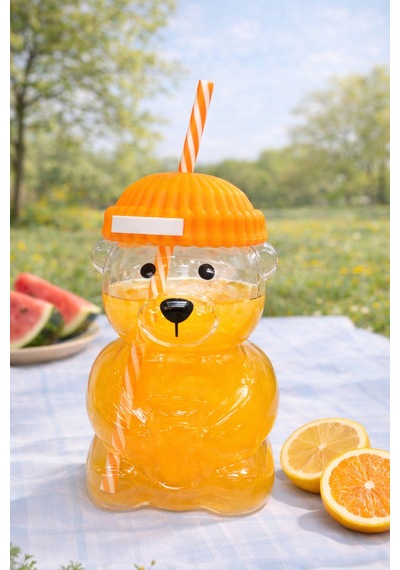 Bearista Ayıcık Pipetli Borosilikat Bardak 580 Ml Buzlu Kahve & Soğuk İçecek Turuncu