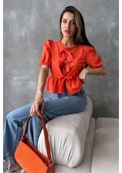Verymoda Pembe Önden Bağlamalı Poplin Bluz D2699 Oranj