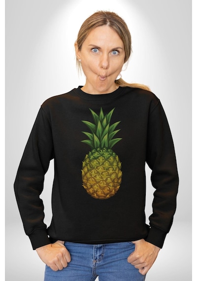 Ananas Meyve Unisex Siyah Baskılı Sweatshirt Siyah