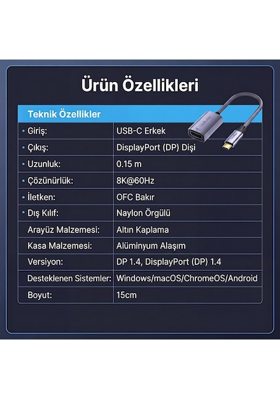Veggieg Type-c To Displayport Dp 8k 60hz Ofc Bakır Çevirici Dönüştürücü Adaptör