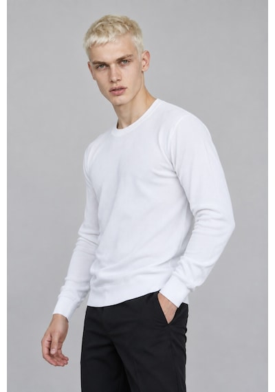 Hk Premium Erkek Fitilli Slim Fit Bisiklet Yaka Triko Kazak Beyaz