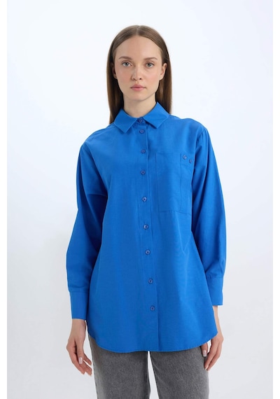 DeFacto Relax Fit Poplin Basic Düz Uzun Kollu Gömlek Tunik D7342AX25SPBE463 Mavi