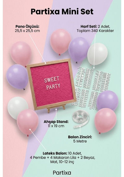 Tatlı Temalı Doğum Günü Süsleme Mini Set Pembe Keçe Yazı Panosu Standlı Balon Zincirli Çocuk