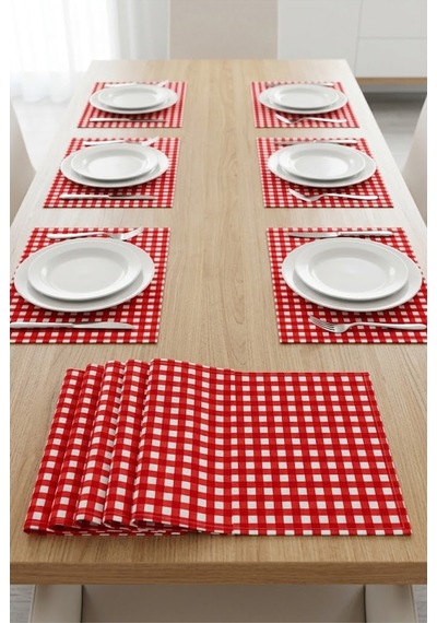 Kareli Amerikan Servis 6'lı Set 35x45 Cm Kırmızı Petibör Tabak Altlığı Su İtici Masa Altlığı