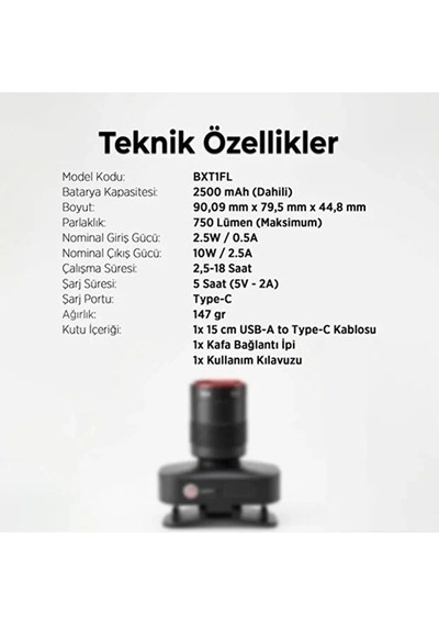 Bix Bxt1fl 10w Şarj Edilebilir Kafa Feneri 750 Lümen 2500mah 4 Işık Modlu Zoom Özellikli Led Kafa Siyah
