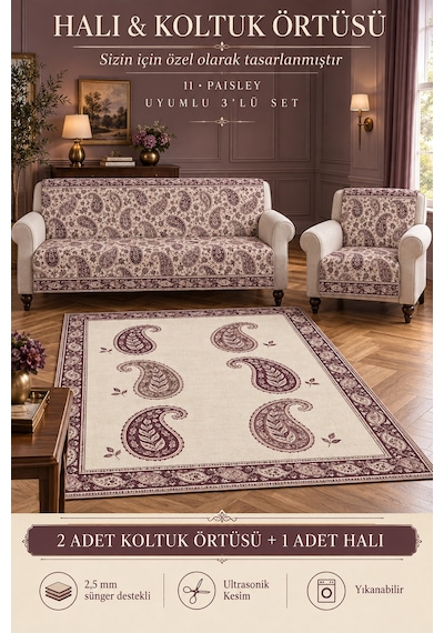 3 Lü Set 2 Adet 165x215 Cm Koltuk Örtüsü + 1 Adet 6m2 180x280 Cm Kaymaz Taban Dijital Baskılı Halı Mürdüm
