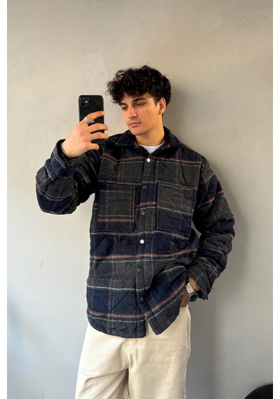 Flaw Ekose Desen Cep Detay Oversize Ceket Lacivert Lacivert