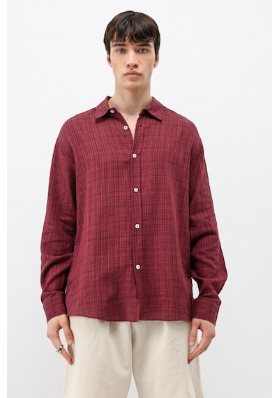 Vamos Dokulu Keten Görünümlü Oversize Gömlek Bordo