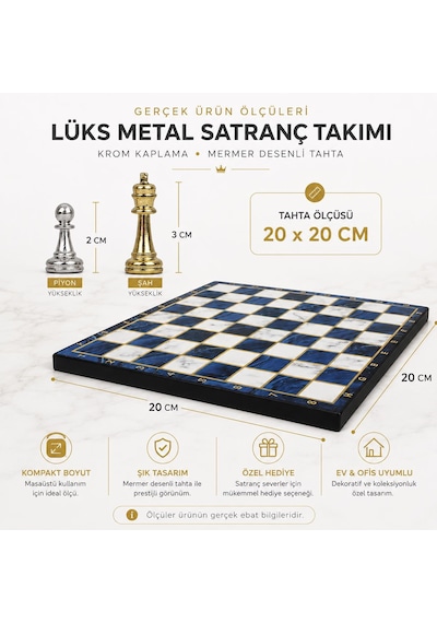 Lüks Metal Satranç Takımı Krom Figürlü 20 X 20 Cm Mavi Mermer Desenli Dekoratif Özel Hediye Seti