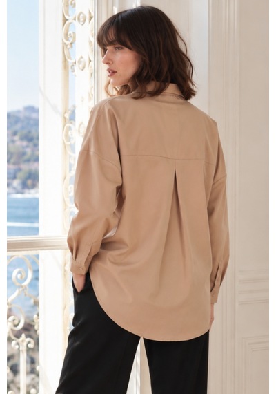 Armonika Kadın Açık Vizon Oversize Uzun Basic Gömlek Arm-22y001118