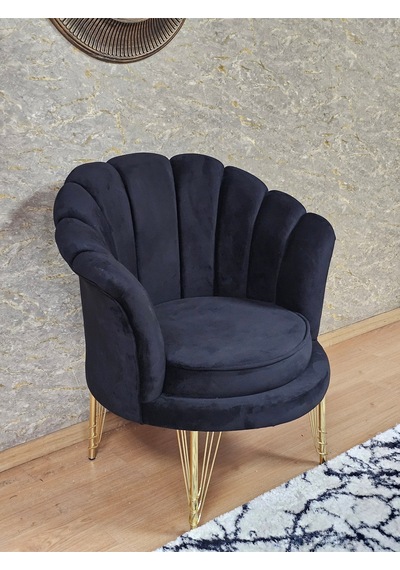Zafir Tekli İstiridye Gold Kaplama Telli Ayak Çay Seti Koltuk Tekli Berjer , Balkon, Salon, Ofis Siyah