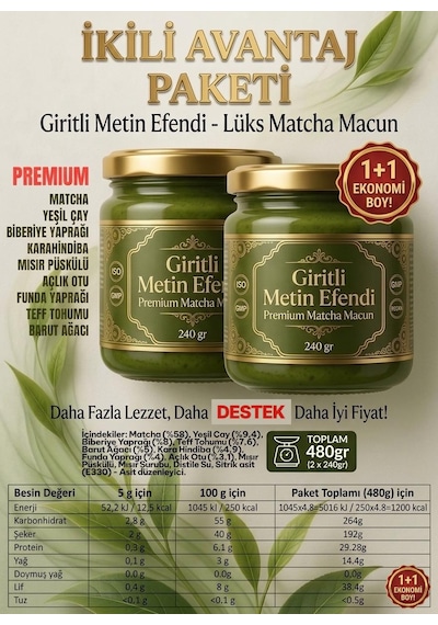 2 Kavanoz Giritli Metin Efendi Matcha Premium Bitkisel Destek Macun 2x240 Gr