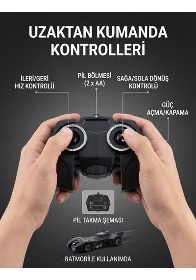 Uzaktan Kumandalı Batman Bat Mobil 6 Fonksiyonlu Uzun Menzilli Hızlı Sarjlı 22 Cm Yarış Arabası Siyah
