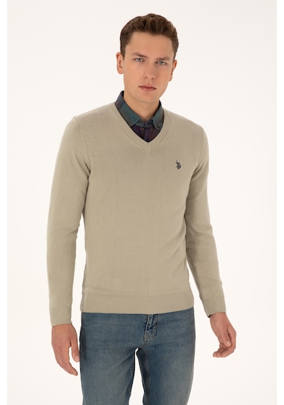 U.S. Polo Assn. Erkek Slim Fit V Yaka Haki Melanj Basic Triko Kazak 50313662-VR193