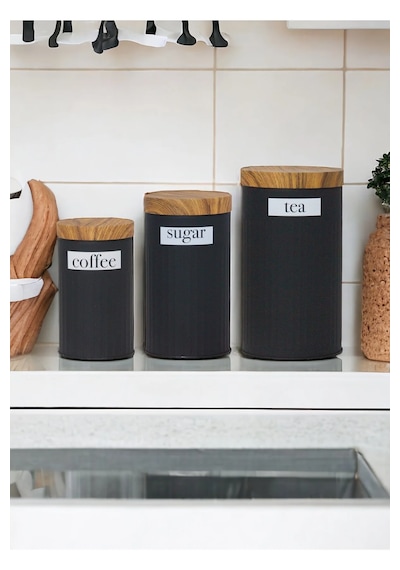 Ucr Home 3'lü Set Metal Çay Kahve Şeker Saklama Kavanozu Siyah