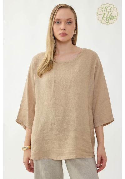 Vitrin %100 Keten Geniş Yaka Oversize Kısa Kol Bluz Bej