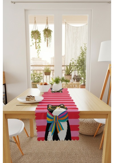 Vivanni Home Yıkanabilir Dikdörtgen Runner Günlük Kullanıma Uygun, Pratik Ve Uzun Ömürlü Pembe Kedi