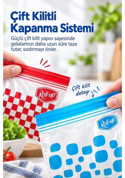 Roll-up Çift Kilitli Şeffaf Buzdolabı Saklama Poşeti Torbası 45 Ad. 0,4 Lt. + 45 Ad. 1 Lt. - 90 Adet