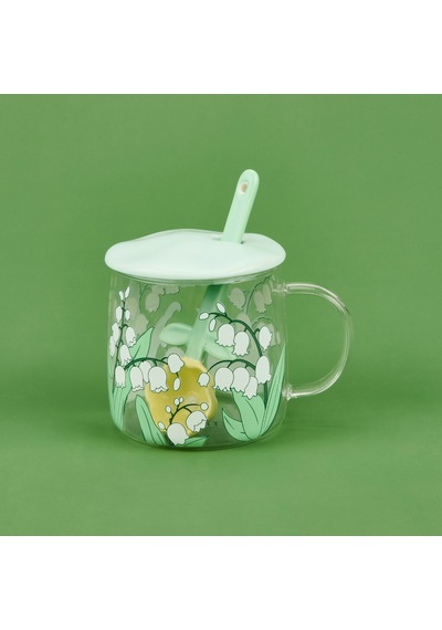 Aroww Kapaklı Kaşıklı Cam Kupa - Asorti - 400 Ml Renkli