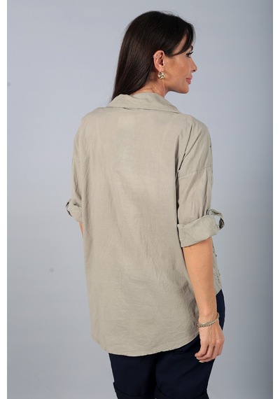 By Saygı Kadın İtalyan Cotton Mini Çiçek Nakış İşlemeli Gömlek Vizon