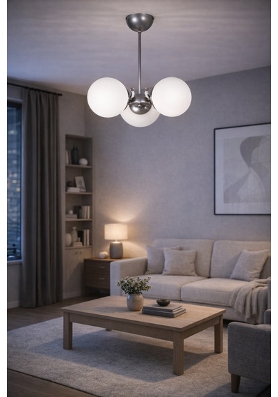 Mihri Modern Tasarım Salon Yemek Odası Mutfak Gri Renk Beyaz Camlı Sarkıt 3 Lü Avize Gri Beyaz Gri Beyaz