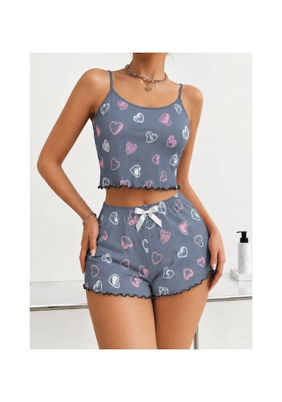 Motto10 Butik Kadın Gri Kalp Desenli Dantel Askılı Şortlu Pijama Takımı 5265