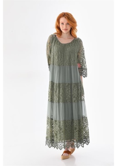 Eren Style İtalyan Sunshine İpek Detaylı Dantelli Elbise-9033 Haki