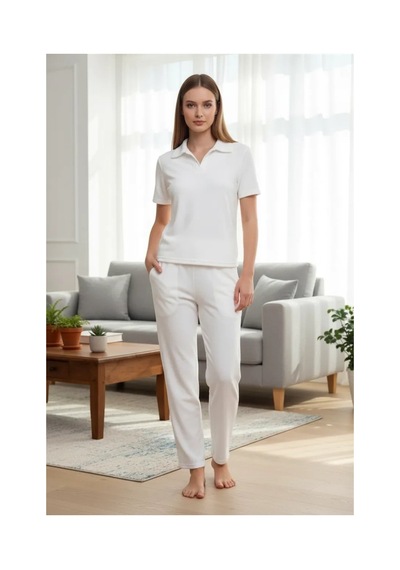 İkikareshop Özel Tasarım Kadın Beyaz Polo Yaka Pijama Takımı %100 Pamuk Çok Renkli