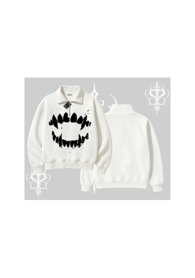 Tarzsokak Beyaz Yarım Fermuarlı Sweatshirt Vampir Dış