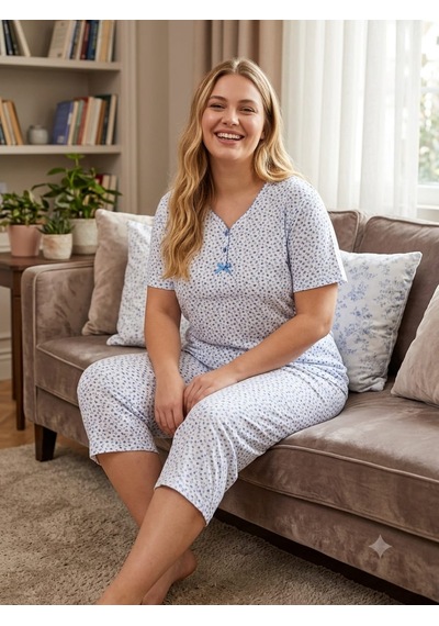 Büyük Beden Kısa Kol Kapri Pamuklu Likralı Pijama Takımı 8642 Turkuaz
