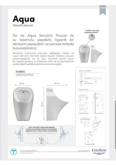 Turkuaz Seramik Cerastyle Aqua Fotoselli Pisuar