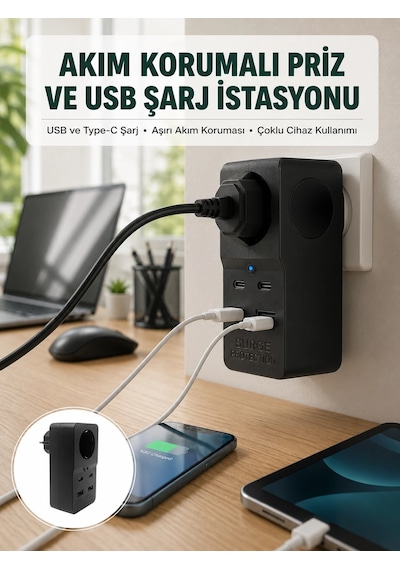 Isıya Dayanıklı Pc Gövdeli Akım Korumalı Priz 4 Usb Yeni Nesil Normal