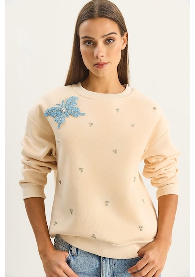 Shade Kadın Bisiklet Yaka Kelebek Aksesuarlı Taş Işlemeli Üç İplik Şadonlu Sweatshirt 60601042 - Bej Shade Kadın Bisiklet Yaka Kelebek Aksesuarlı Taş Işlemeli Üç İplik Şadonlu Sweatshirt 60601042 - Bej