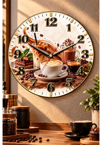 Kahve Cafe Temalı Duvar Saati 45 Cm Kahve Dükkanı Kafe Mutfak Uv Baskı Sessiz Akar Mekanizma 920 Çok Renkli