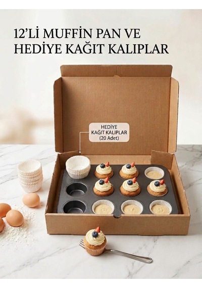 Metal Yapışmaz Muffin Kek Kalıbı 12 Bölmeli Kağıt Kek Kalıbı Hediyeli Antrasit - Gri