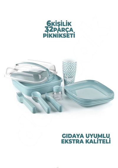 Destpak 6 Kişilik 32 Parça Piknik Seti Plastik Piknik Tabak Kaşık Bardak Turkuaz