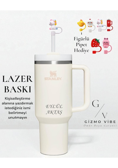 Stanley Kişiselleştirilebilir Quencher Pipetli Paslanmaz Çelik Vakum Yalıtımlı Termos Bardak 1.18 L Özel İsimli Krem