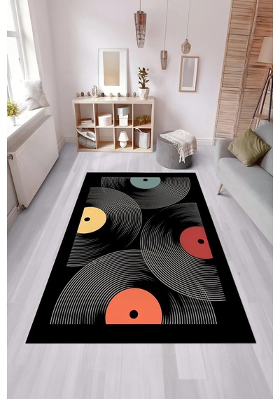 Dijital Baskılı Yıkanabilir Müzik Plak Desen Kaymaz Taban Halı Açık Gri