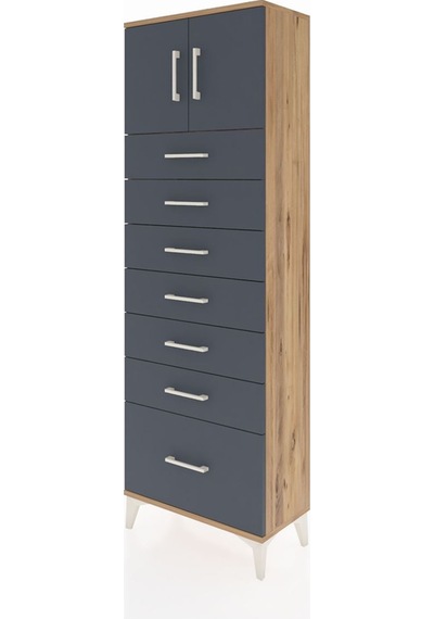 Arges Dolap Tek Raflı 7 Çekmeceli 2 Kapaklı 60x30x182 Çam-ant... Çam