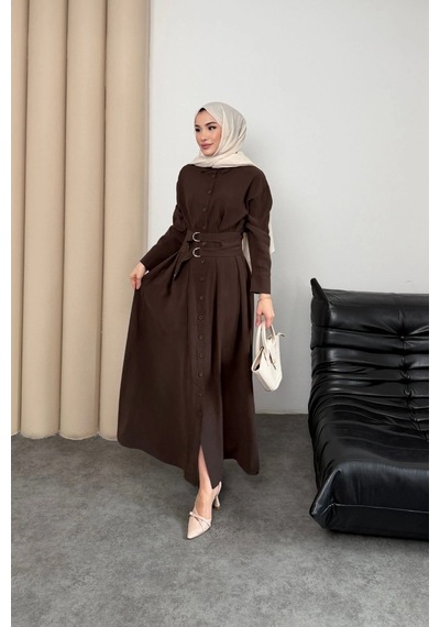 Mihran Butik Valeno Model Coupra Model Kumaş Kemer Detaylı Elbise Kahverengi