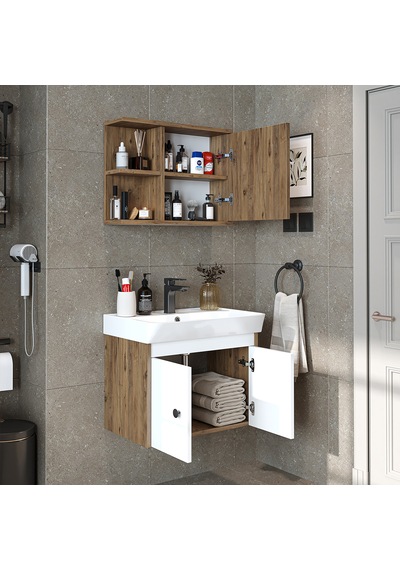 Lavabolu Mat Suntalam 60 Cm Banyo Dolabı + Aynalı Üst Dolabı Atlantik Çam - Beyaz Lavabolu Mat Suntalam 60 Cm Banyo Dolabı + Aynalı Üst Dolabı Atlantik Çam - Beyaz